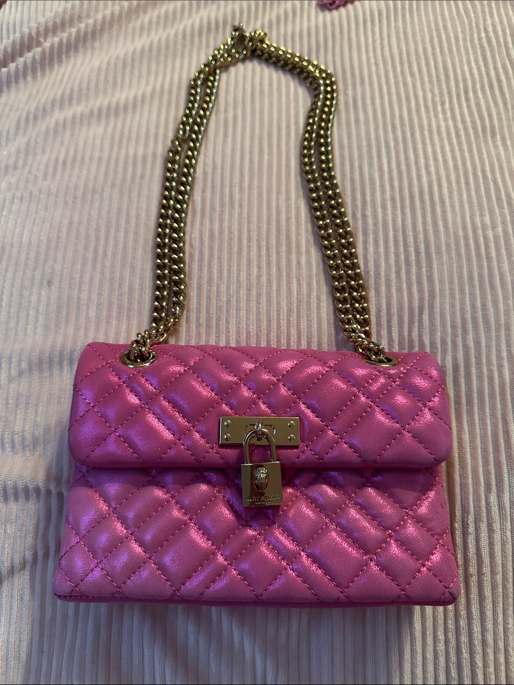 Kurt Geiger Metallic Pink Quilted Shoulder Bag with Gold Chain